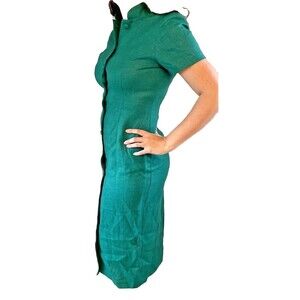 Vintage Emerald‎ Green Dress Fitted Med 7/8 Karlie & Company Linen USA Long Tea
